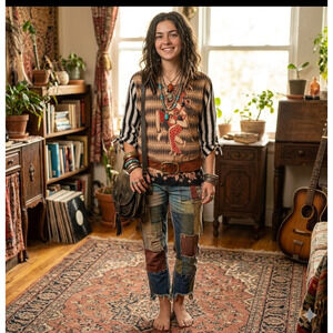 Art to Wear Boho Indie Blouse Indonesian Batik Gods Handmade LG